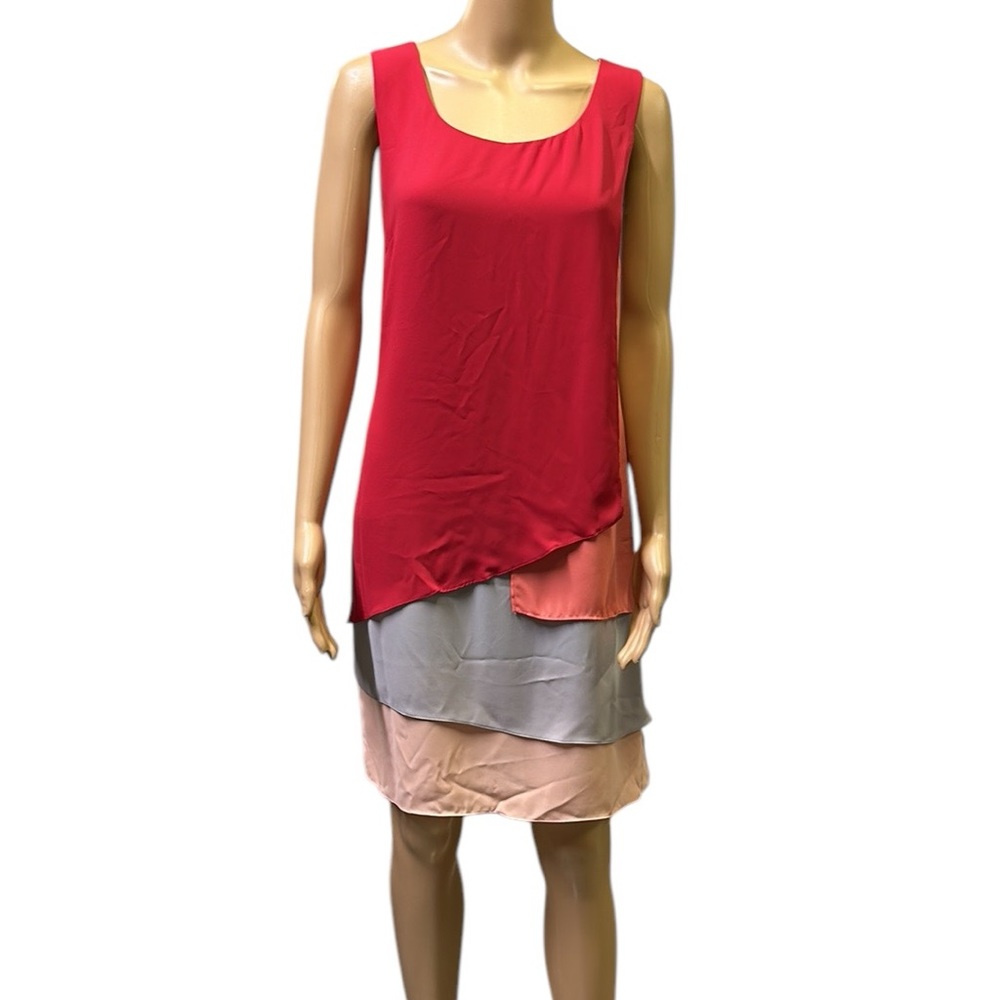 BCBG Paris Haley Burnt Poppy Sleeveless Layered Shift Mini Midi Dress Womens 10